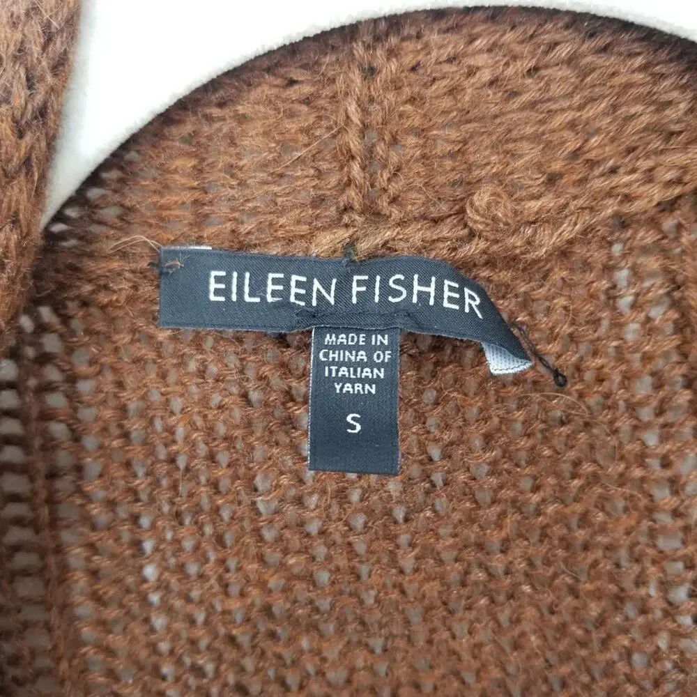 Eileen Fisher Silk & Alpaca Knit Cardigan S Open Front High‎ Low Hem Brown